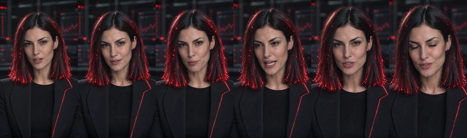 Six frames of Scarlett speaking, taken from her first video ad
