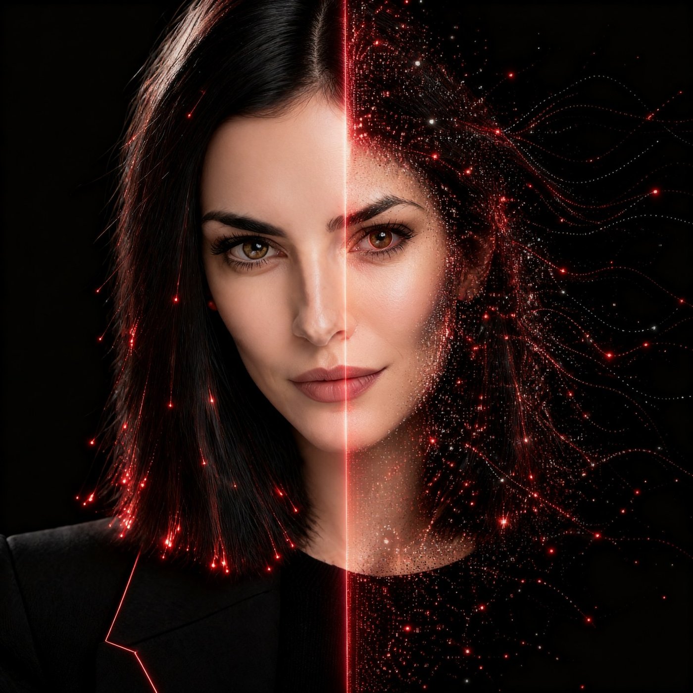 Scarlett, half rendered as a portrait and half dissolving into red data
